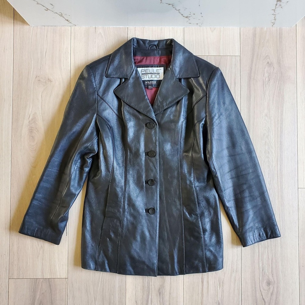 Wilsons Leather Jacket Womens L Black Pelle Studio Soft Blazer Button Front Coat
